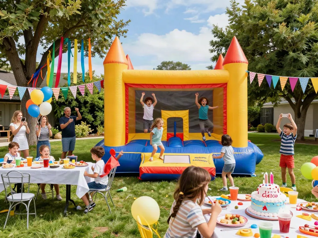 Children enjoying a bounce house at a birthday party with colorful decorations and festive atmosphere.