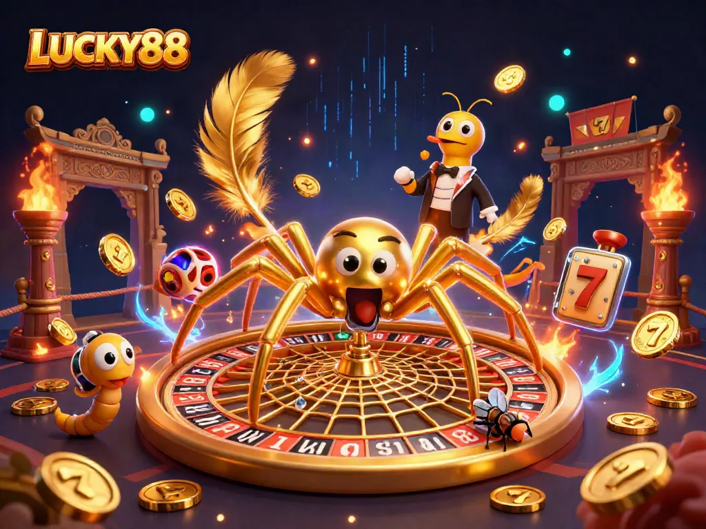 Experience thrills at LUCKY88 with an exciting 3D casino scene featuring vibrant characters and game elements.