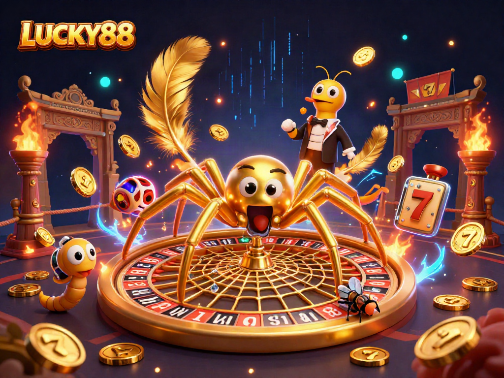 Experience thrills at LUCKY88 with an exciting 3D casino scene featuring vibrant characters and game elements.