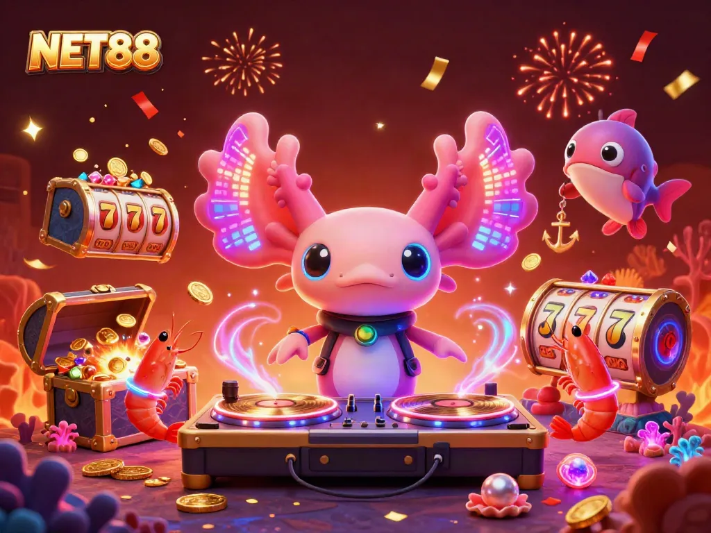 Engage in thrilling gameplay with NET88's vibrant casino scene featuring a neon DJ and underwater elements.