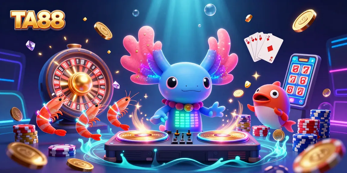 Engage with the vibrant TA88 casino scene featuring an axolotl DJ and glowing shrimp, radiating excitement and winnings.