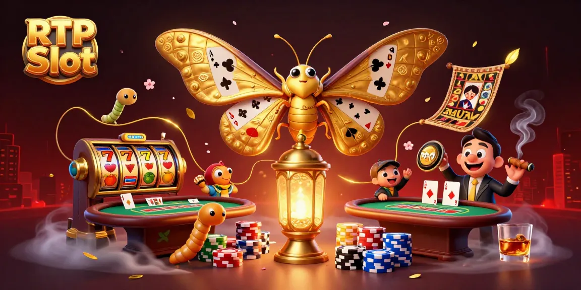Experience RTP Slot excitement with golden moths and vibrant casino elements surrounding a poker scene.