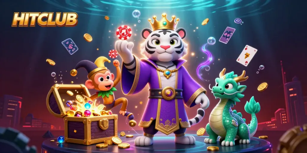 Engage in HITCLUB strategies with a vibrant 3D casino scene featuring a regal tiger and playful monkey.