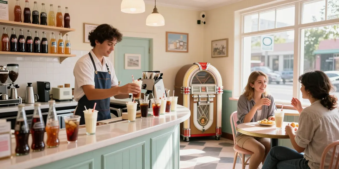 Cream soda served in a vintage soda shop, showcasing a nostalgic atmosphere with glass bottles and warm lighting.
