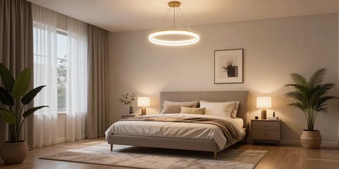Candelabru dormitor elegant care iluminază cu o lumină caldă, creând o atmosferă modernă și confortabilă.