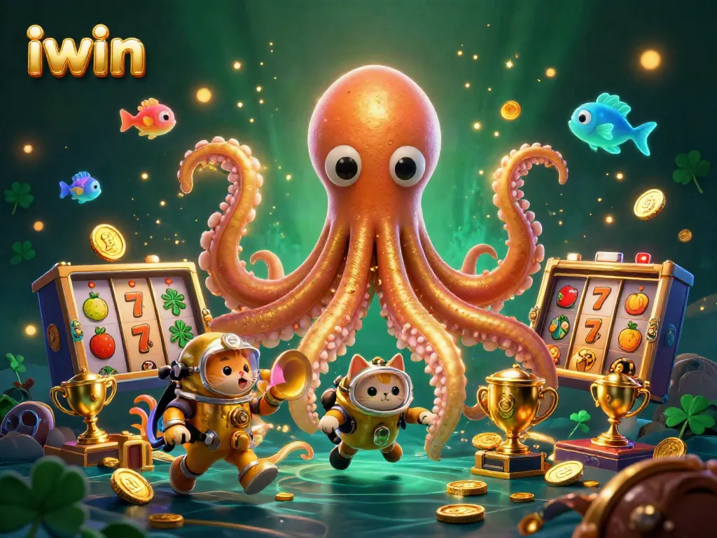 Win big with iwin's thrilling slot games featuring a kraken and diving cat in a treasure-filled scene.