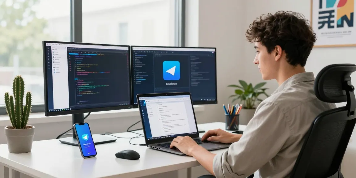 Experience seamless Telegram download in a modern tech workspace with multiple screens and vibrant natural light.