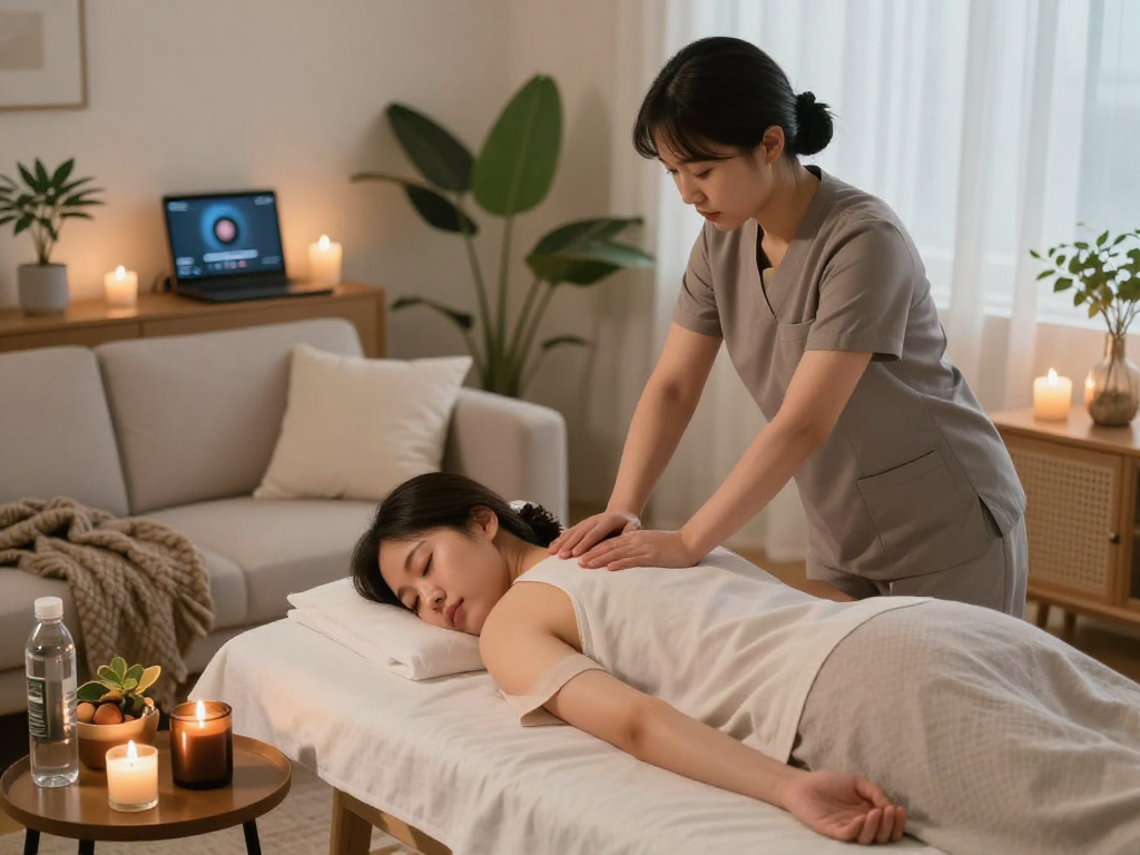 Relaxe with 강동구출장마사지 in a cozy home setting, showcasing a professional massage therapist at work.