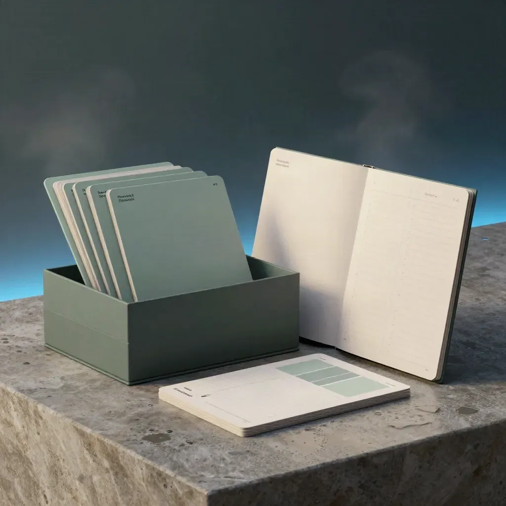 Opened social growth kit box with layered cards, booklet, storyboard boards and analytics inserts on damp stone.