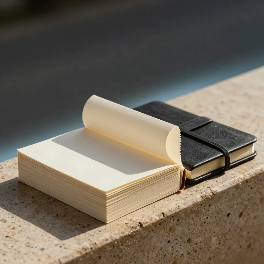 Cream script cards, curling storyboard strip, and rubber-banded notebook on travertine with soft blue glow.
