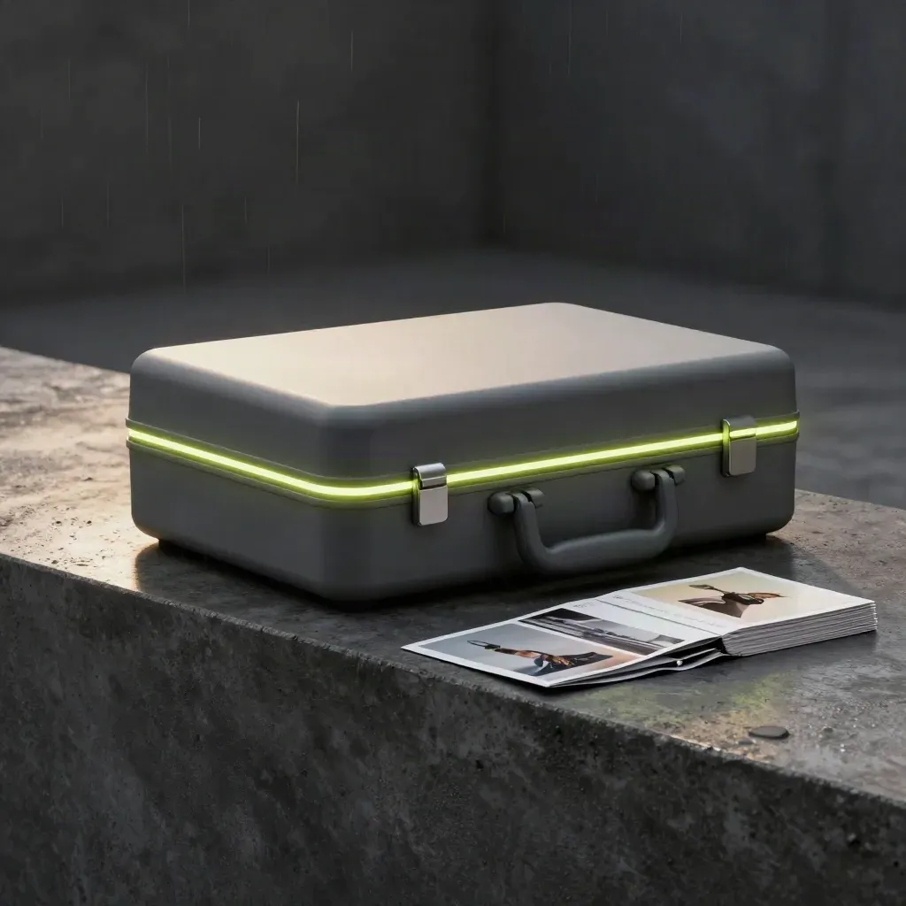 Charcoal campaign case with swatches and cards sliding on concrete in moody studio light.