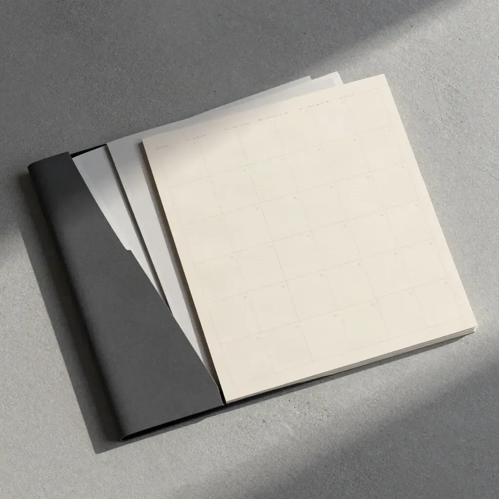 Overhead flatlay of a content calendar deck with blank grid cards and charcoal dividers on concrete.
