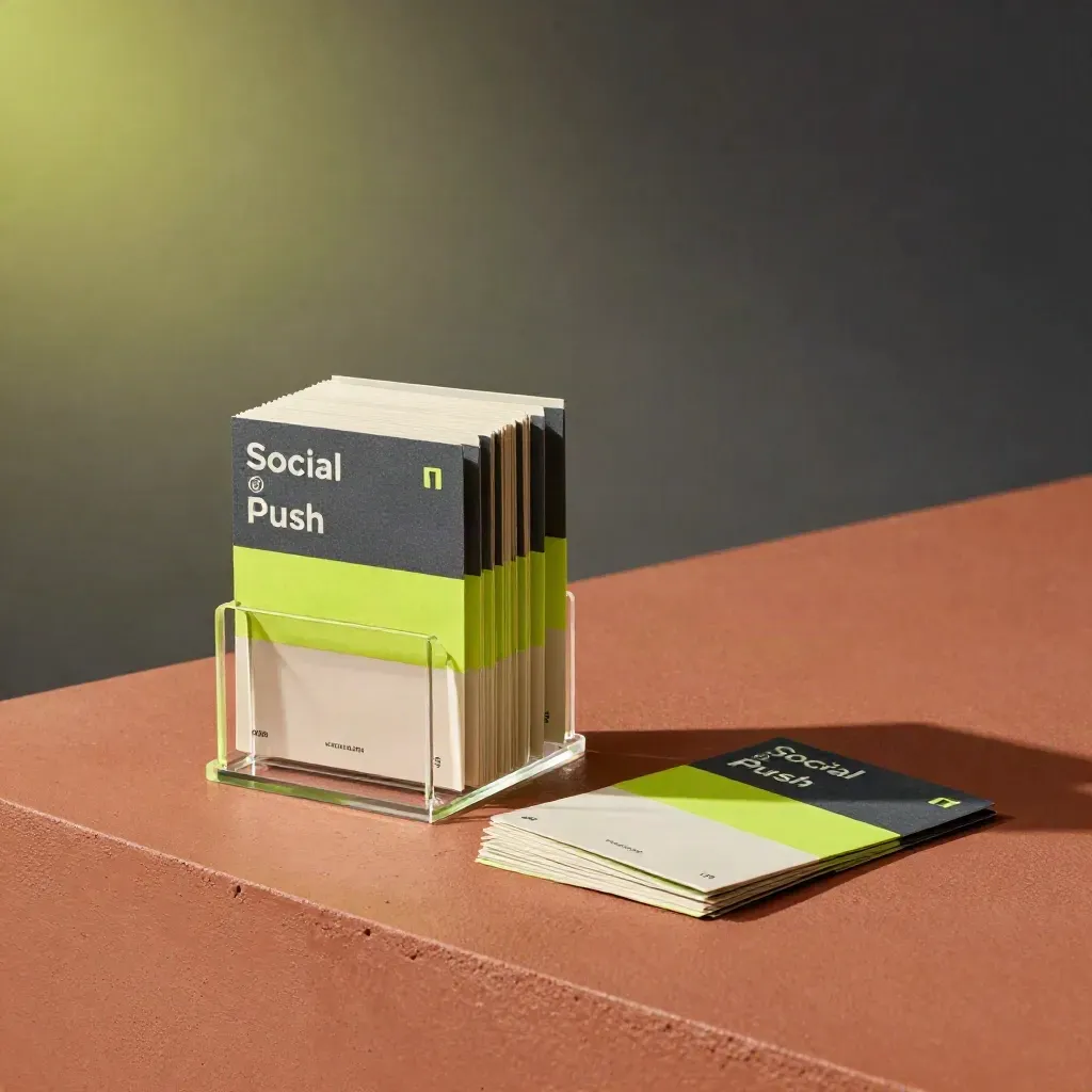 Launch bundle with lime-accent cards and clear acrylic stand on a terracotta surface.