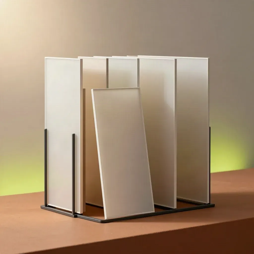 Six blank vertical post panels in a tidy rack, one leaning forward on a terracotta plinth.