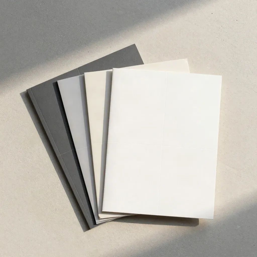 Overhead flatlay of an audit bundle with tabbed sections and a translucent divider on pale concrete