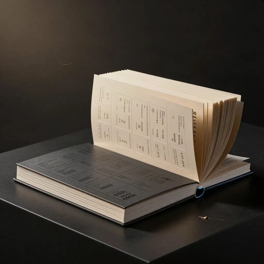 Layered monthly retainer folio and stacked service cards on a dark studio plinth with blue rim light