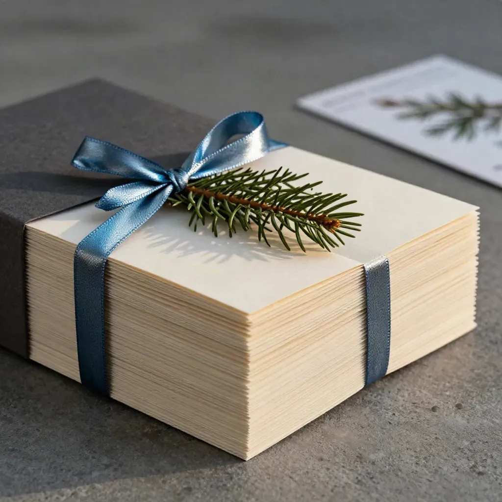 Macro of a seasonal promo bundle with ribbon, folded paper and evergreen sprig on cool concrete.