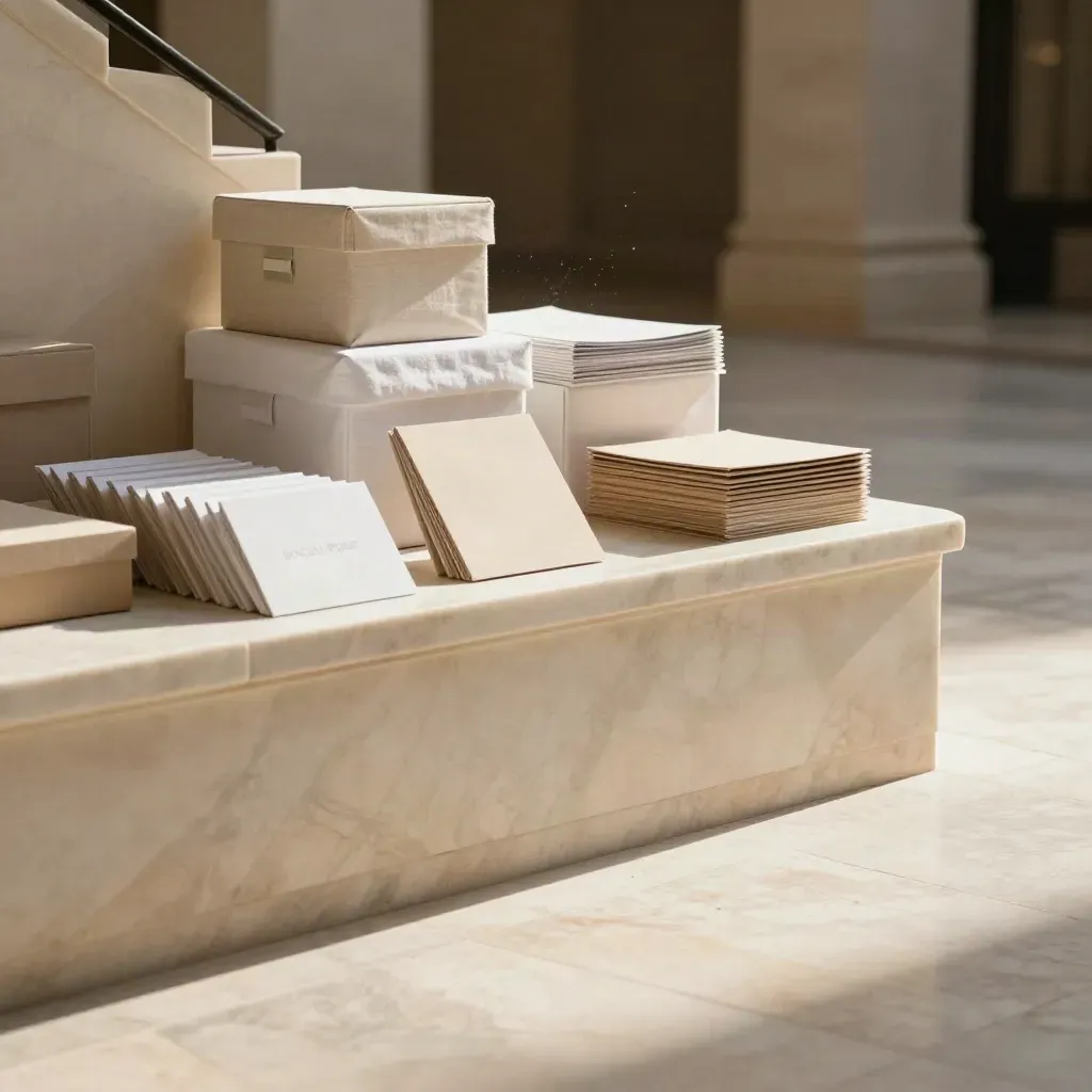 Sunlit marble atrium ledge with archive boxes and calm floor space for headline copy