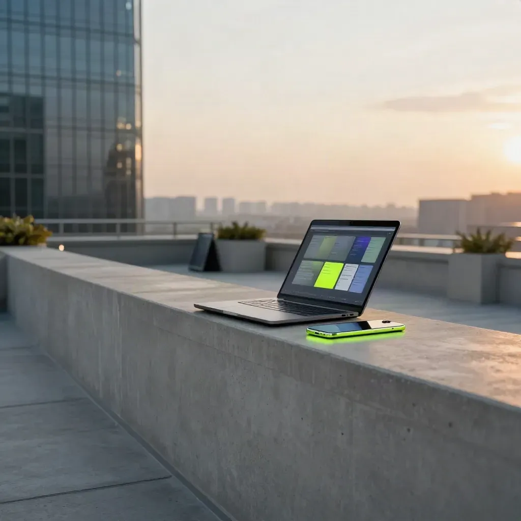Rooftop terrace with laptop and phone above calm sky and city haze at sunset.