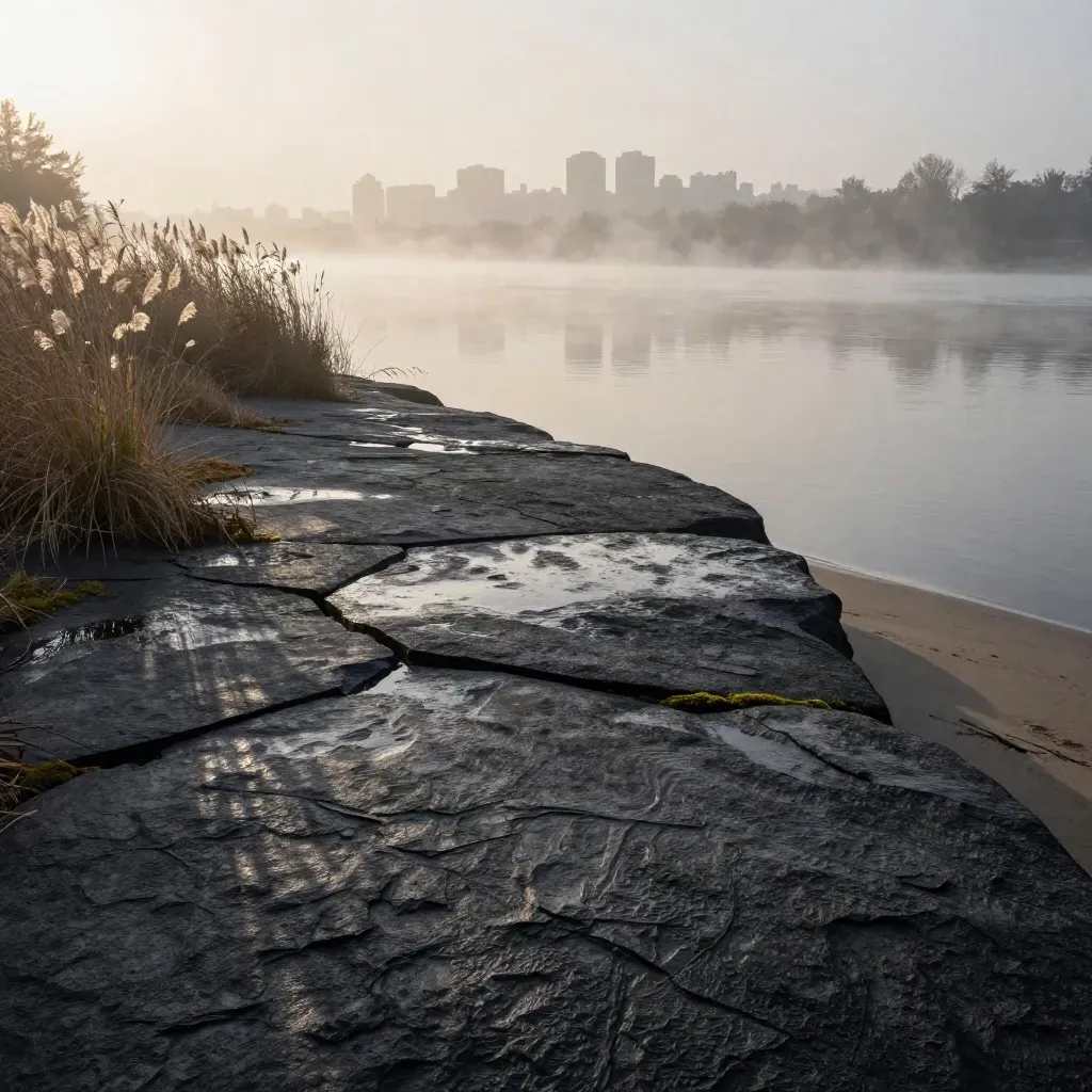 Dawn mist over a charcoal riverbank platform, grasses, and a softened Canadian skyline.