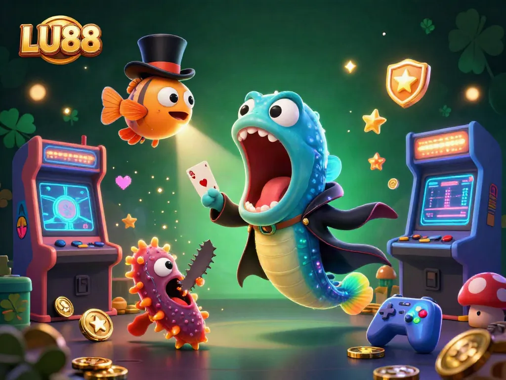 LU88 showcases a vibrant casino-themed scene with magical sea creatures engaging in card tricks and games.
