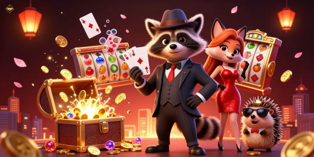 Experience the thrill of 789WIN with a dynamic casino scene featuring a raccoon and fox amidst an explosion of slot reels and gems.