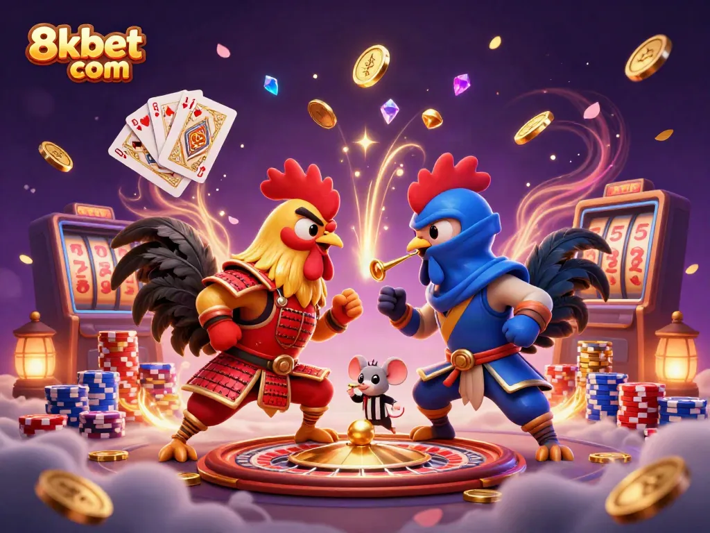 Experience exhilarating action with 8xbet com as cartoon roosters clash in a colorful casino scene.