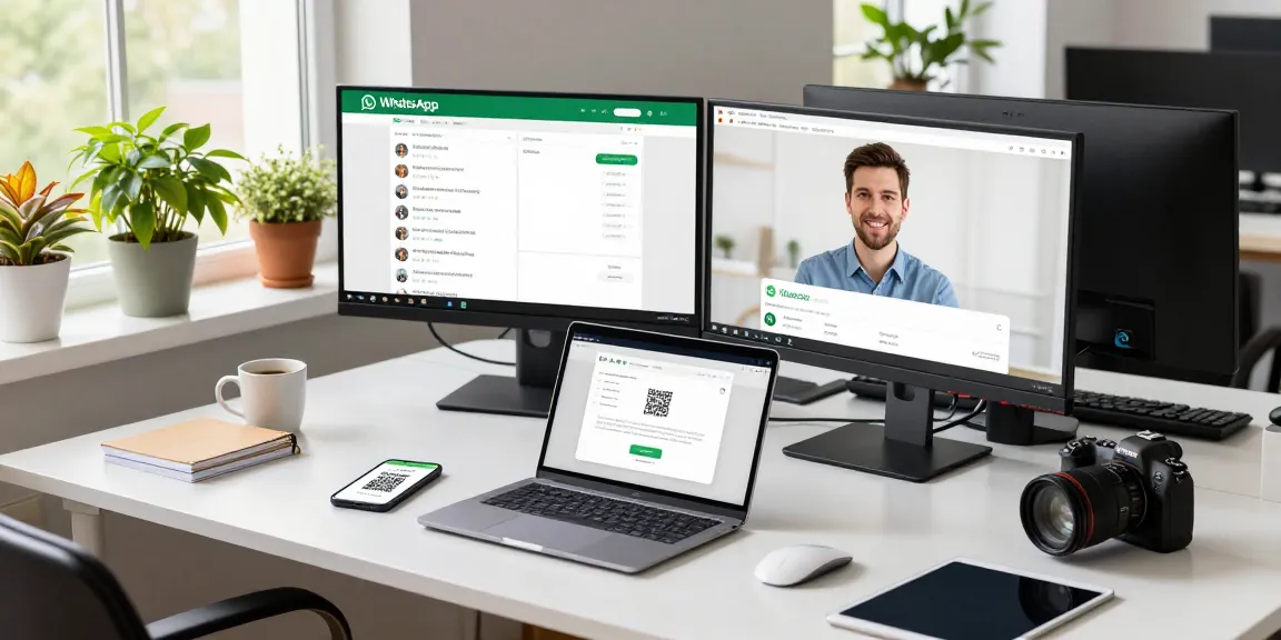 Engaged professional on WhatsApp網頁版 video call in a modern workspace.