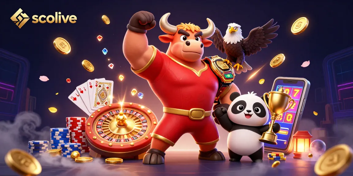 Socolive presents an energetic scene with cheerful characters celebrating victory amidst golden coins and dynamic casino elements.