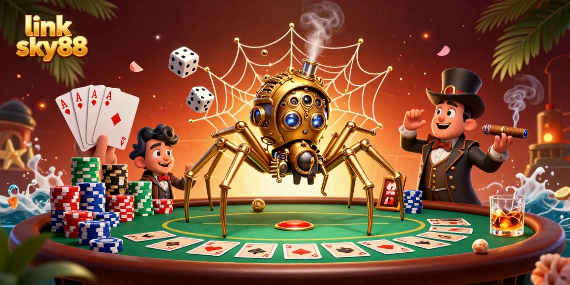 Catch the excitement of online gaming with link sky88, featuring a steampunk spider at a poker table.