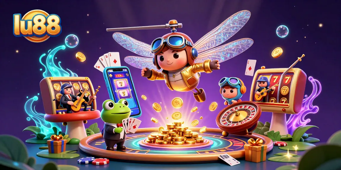 lu88 offers an engaging casino scene featuring a dragonfly pilot and frog croupier amidst vibrant games.