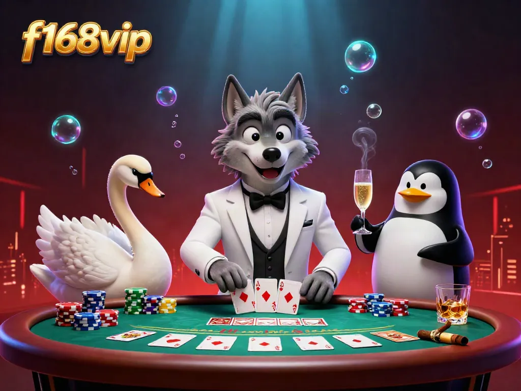 Experience thrilling baccarat action at f168vip with a debonair wolf, elegant swan dealer, and a penguin sommelier.