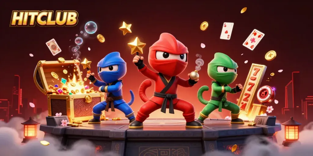 Engage in exciting gaming at HITCLUB with charismatic ninjas and vibrant casino elements.