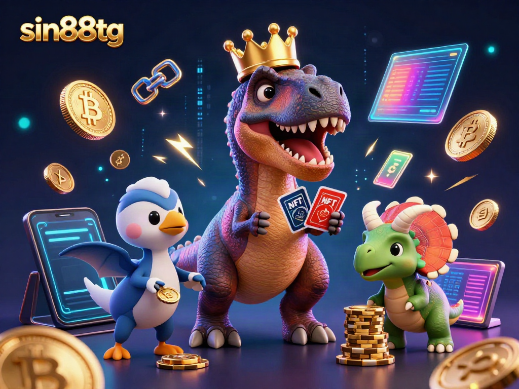 Engage in thrilling poker action with sin88tg featuring lively dinosaur characters and crypto elements.
