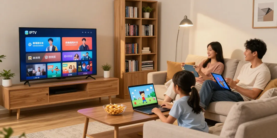 Profitez du meilleur IPTV Canada avec une famille regardant leurs chaînes préférées dans un salon moderne.