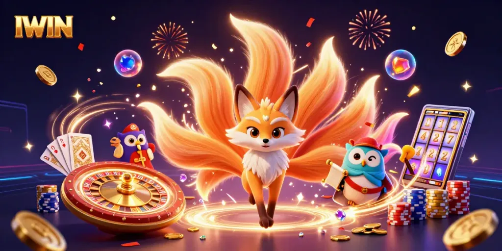 IWIN game illustration featuring a magical fox spirit and owl with casino elements.