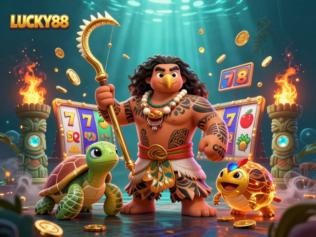 Play LUCKY88 with vibrant slot symbols and golden coins in a dynamic casino scene.