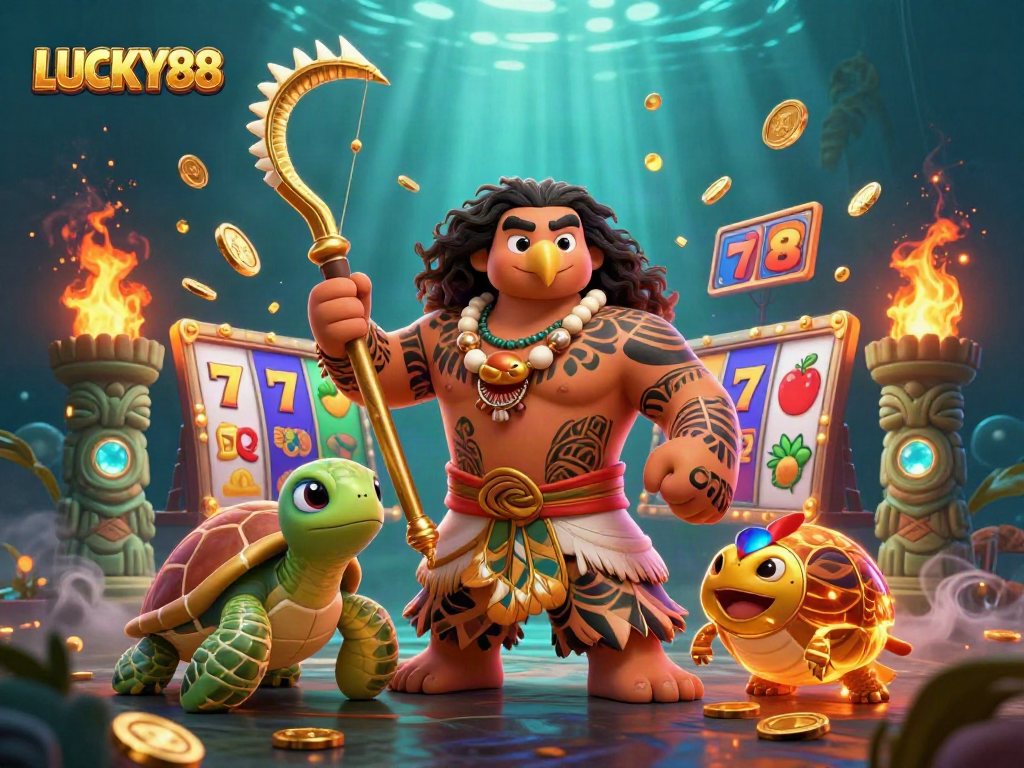 Play LUCKY88 with vibrant slot symbols and golden coins in a dynamic casino scene.