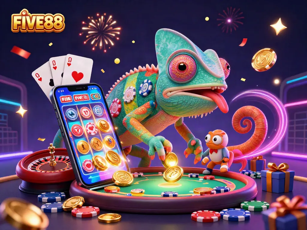 Experience the excitement of FIVE88 as the chameleon casino owner captures golden coins and celebrates casino wins.