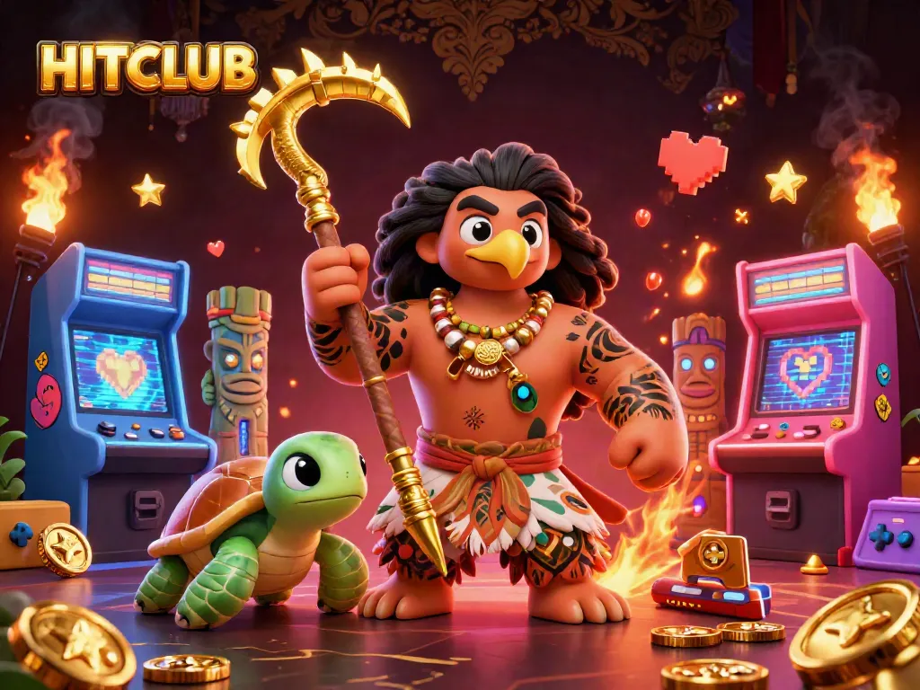Experience thrilling gameplay with HITCLUB amidst vibrant 3D casino elements and cartoon heroes.
