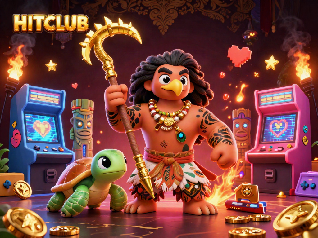 Experience thrilling gameplay with HITCLUB amidst vibrant 3D casino elements and cartoon heroes.