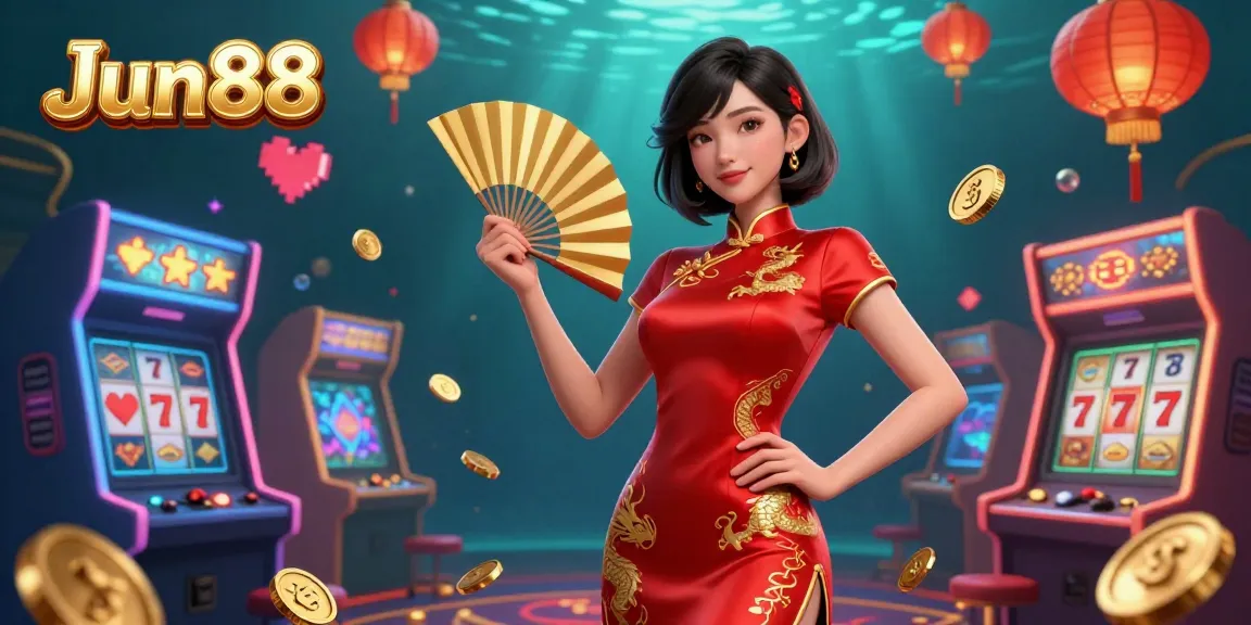 Experience Jun88's vibrant casino scene filled with gold coins and lively gaming elements.