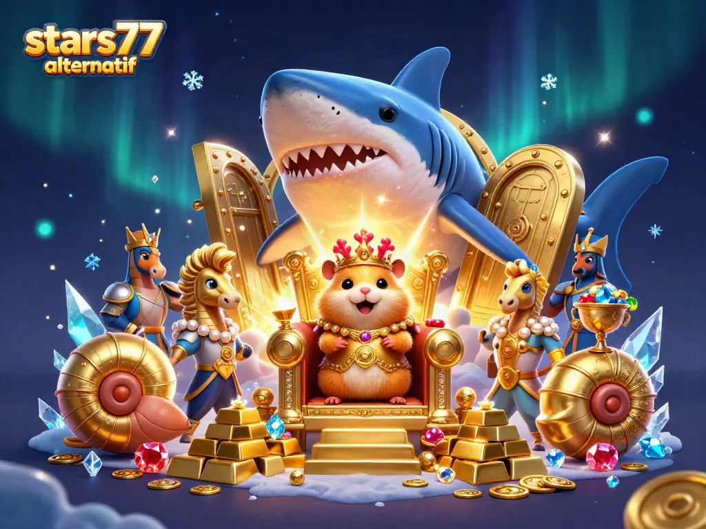 Perjudian dengan tema stars77 alternatif, raja hamster emas dengan mahkota terumbu dan peti harta karun berkilauan.