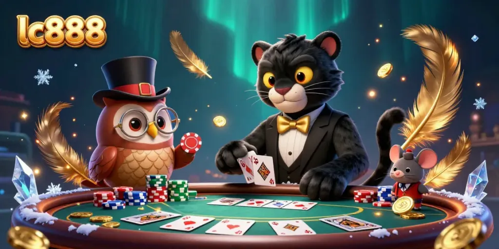Experience thrilling card games at lc888 with stylish characters and vibrant casino elements.