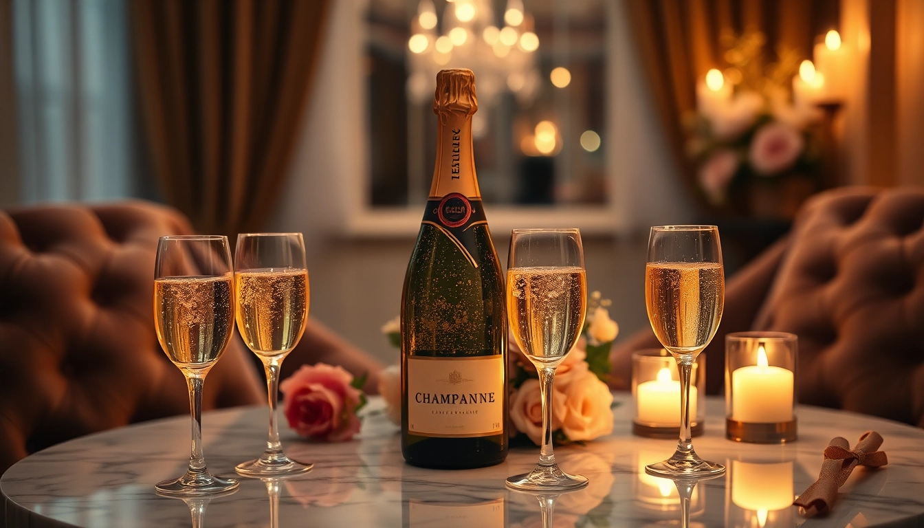 Enjoy champagne delivery Toronto with an elegant setting featuring sparkling glasses and candlelight.