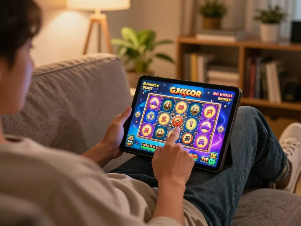 Engaging gameplay on tablet showcasing slot gacor games in a cozy home setting