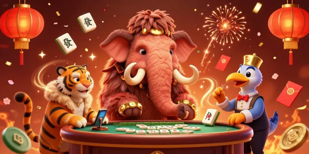 Join the fun at ad88 casino with a vibrant scene of gaming excitement, featuring unique characters and rich decorations.