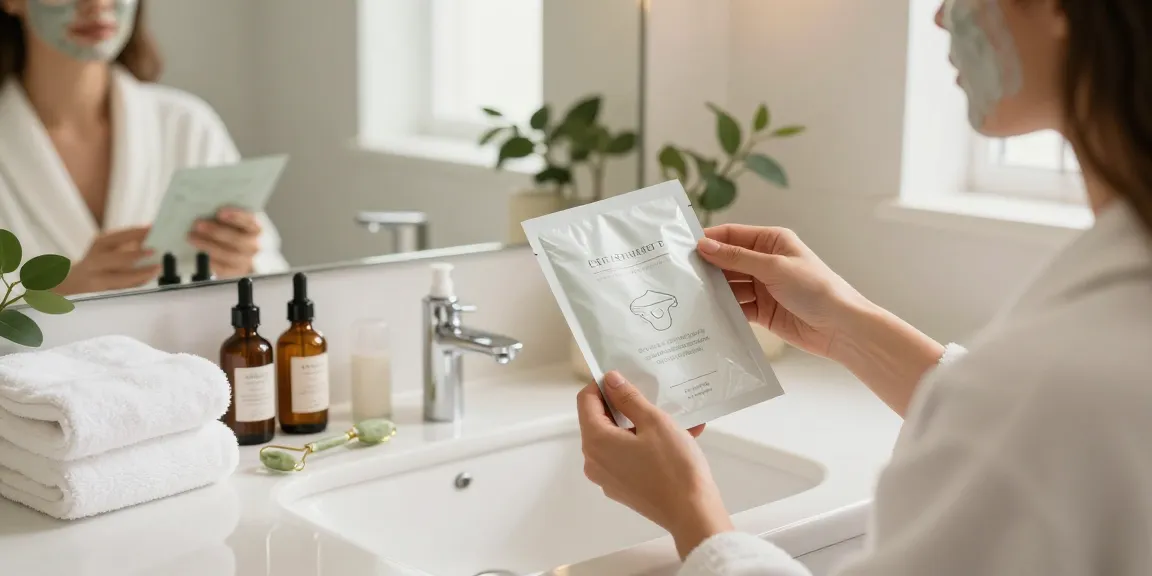 Woman applying a face mask pack in a serene bathroom, surrounded by skincare essentials.