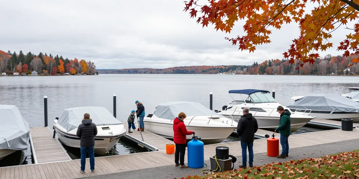 Boat winterization service preparing boats for winter at a lakeside marina.