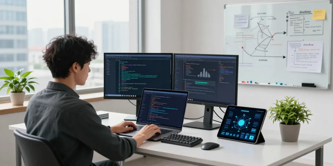 Developer coding on 快连 app in modern office with multiple screens and tech gadgets.